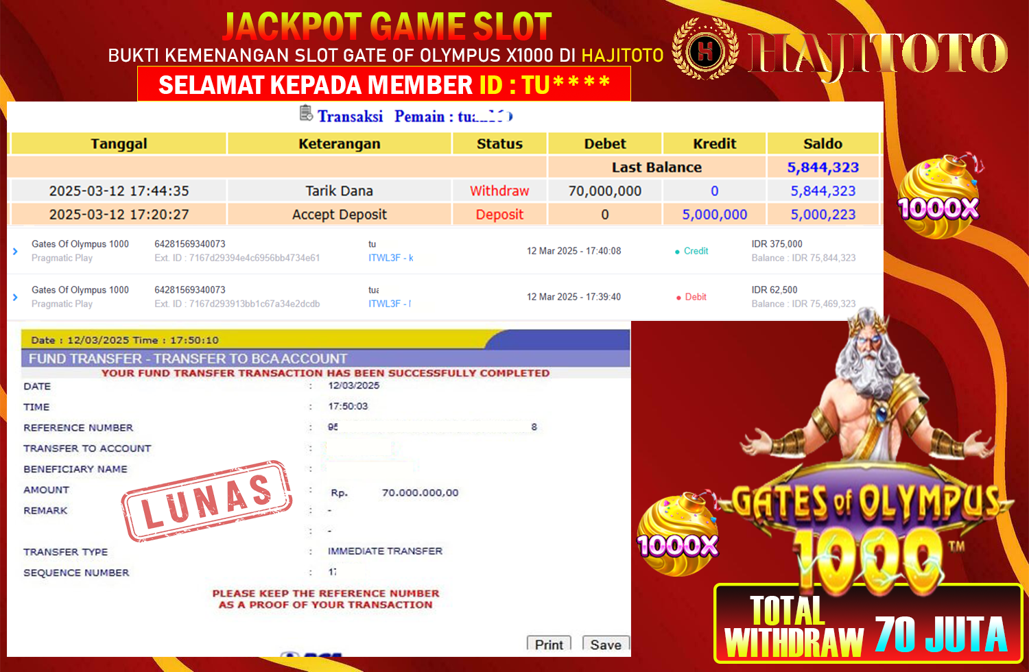 SELAMAT KEPADA PEMENANG MEMBER MERAIH JACKPOT DI GAME SLOT GATE OF OLYMPUS X1000 TOTAL RP 70.000.000 DI BAYAR LUNAS